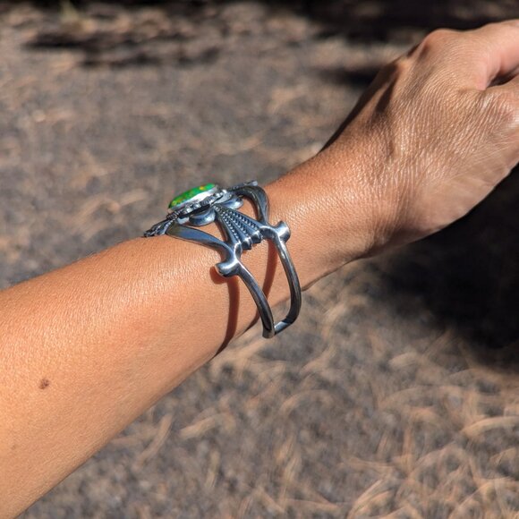 Handmade Native American Green Turquoise Cuff Bracelet Sterling Silver Sz 6.75** - Picture 8 of 9